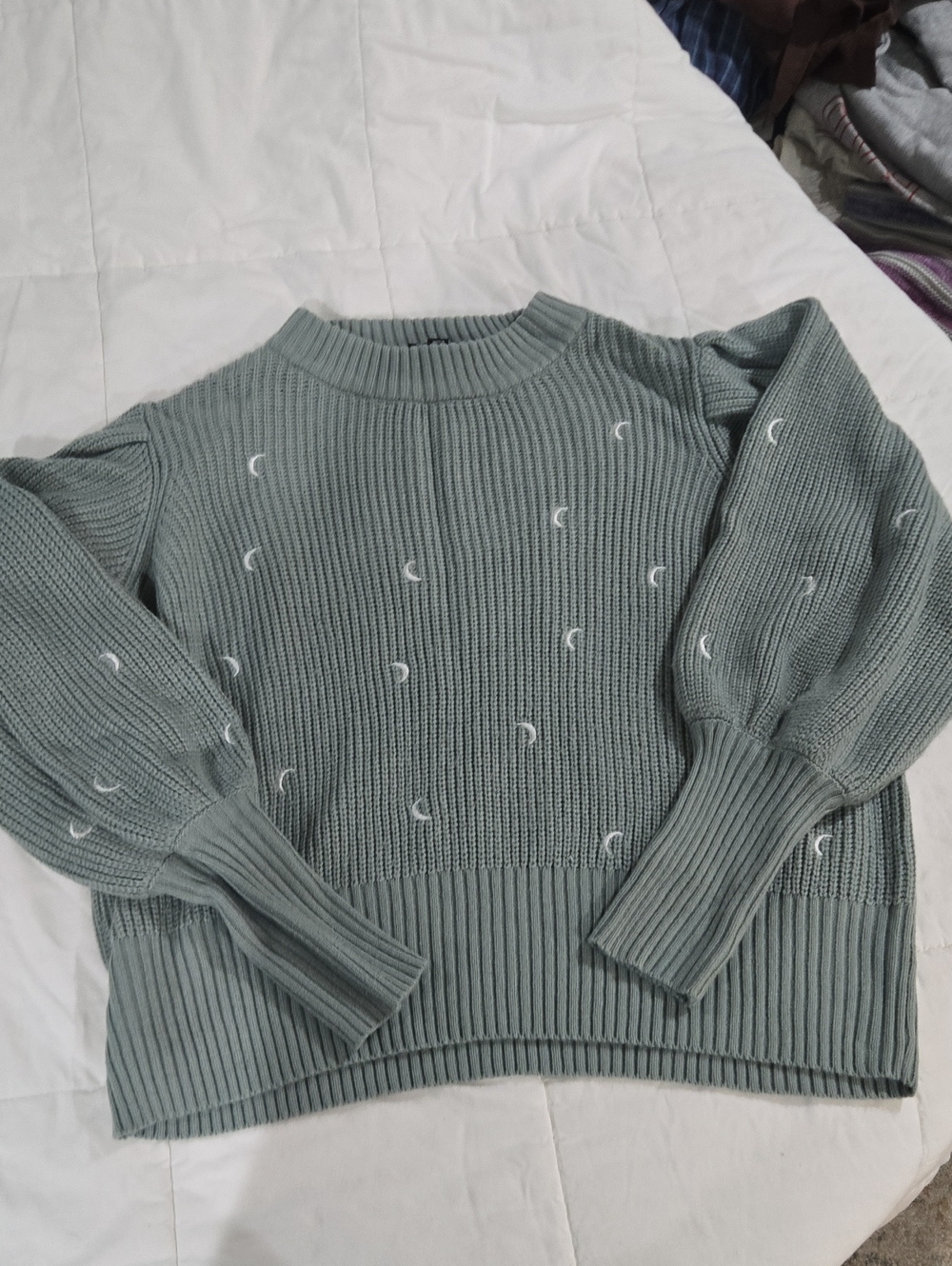 G by Giuliana Sage Green Crewneck Sweater with White Crescent Embroidery